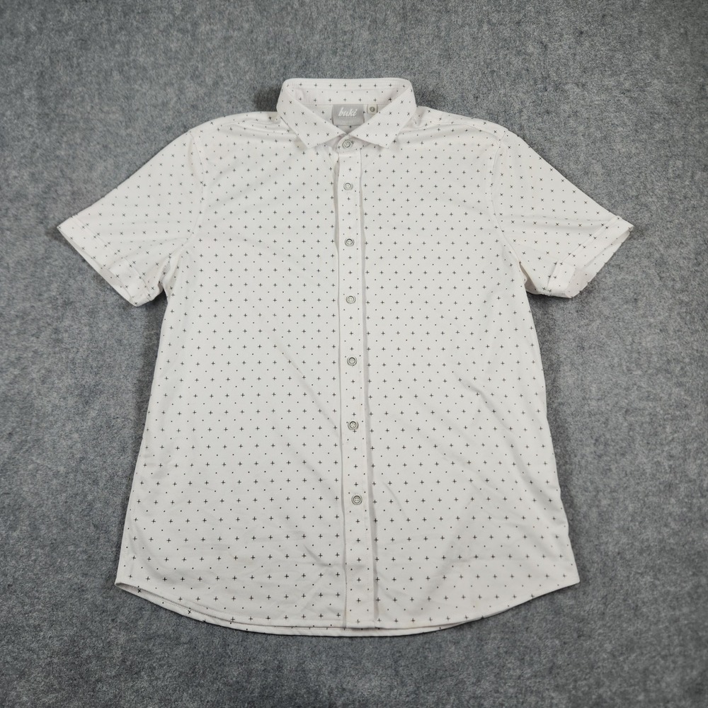 Buki Button Up Shirt Mens Large White Plus Sign Print Short Sleeve Polyester